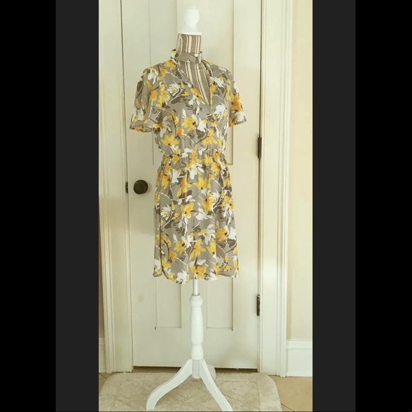Floral Choker Collar Surplice V Elastic Waist Day Dress Peach Love S Grey Yellow - Picture 11 of 16
